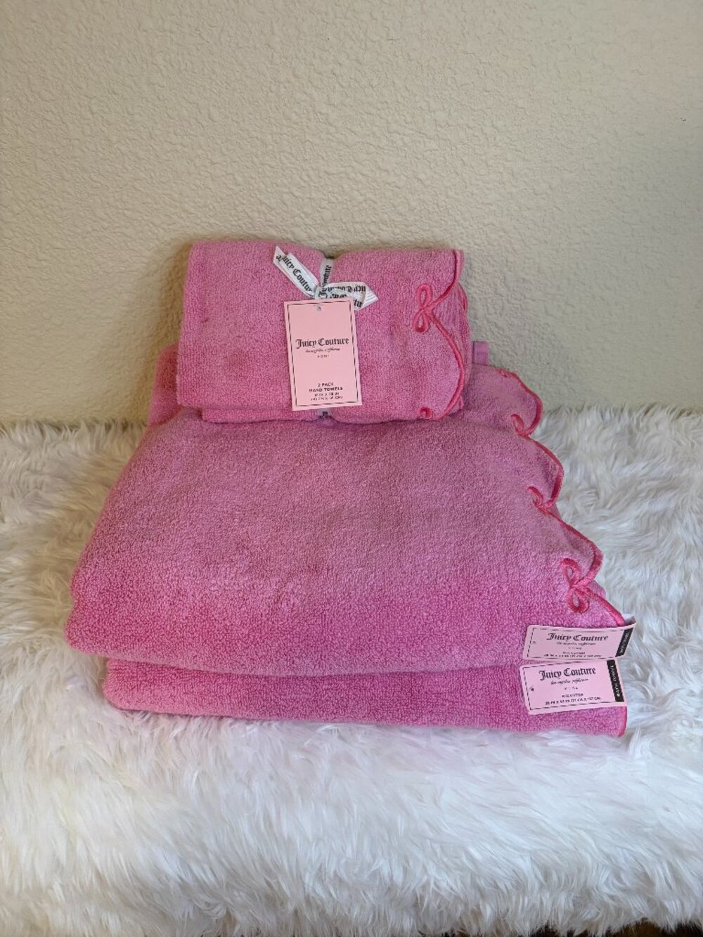 Juicy Couture Pink Bow Bath Towel Hand Towel Set 4PC NWT